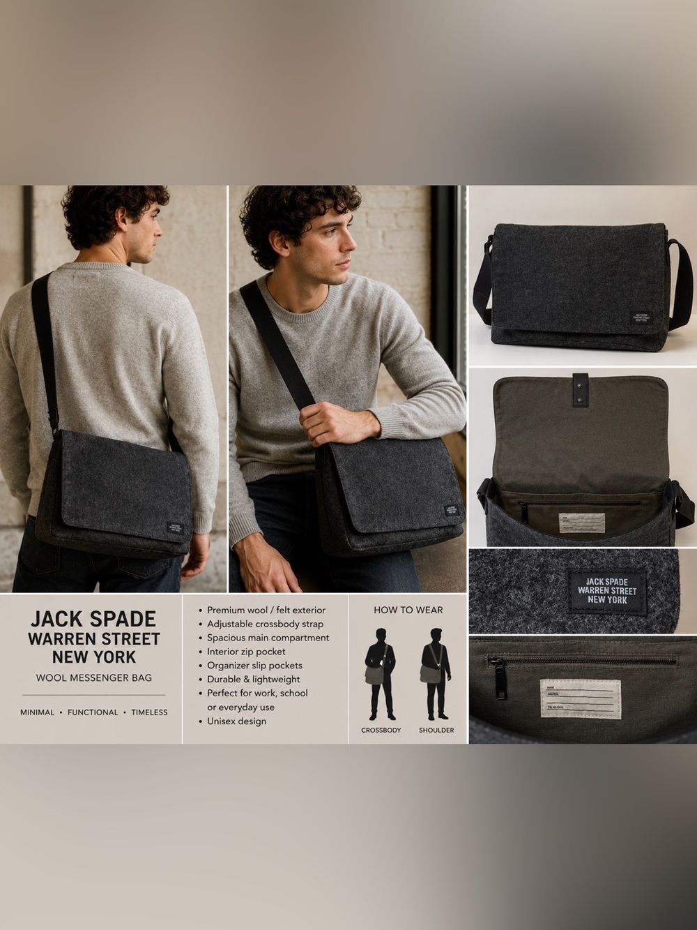 Jack Spade Warren Street New York Gray Wool Felt Messenger Bag Crossbody Laptop